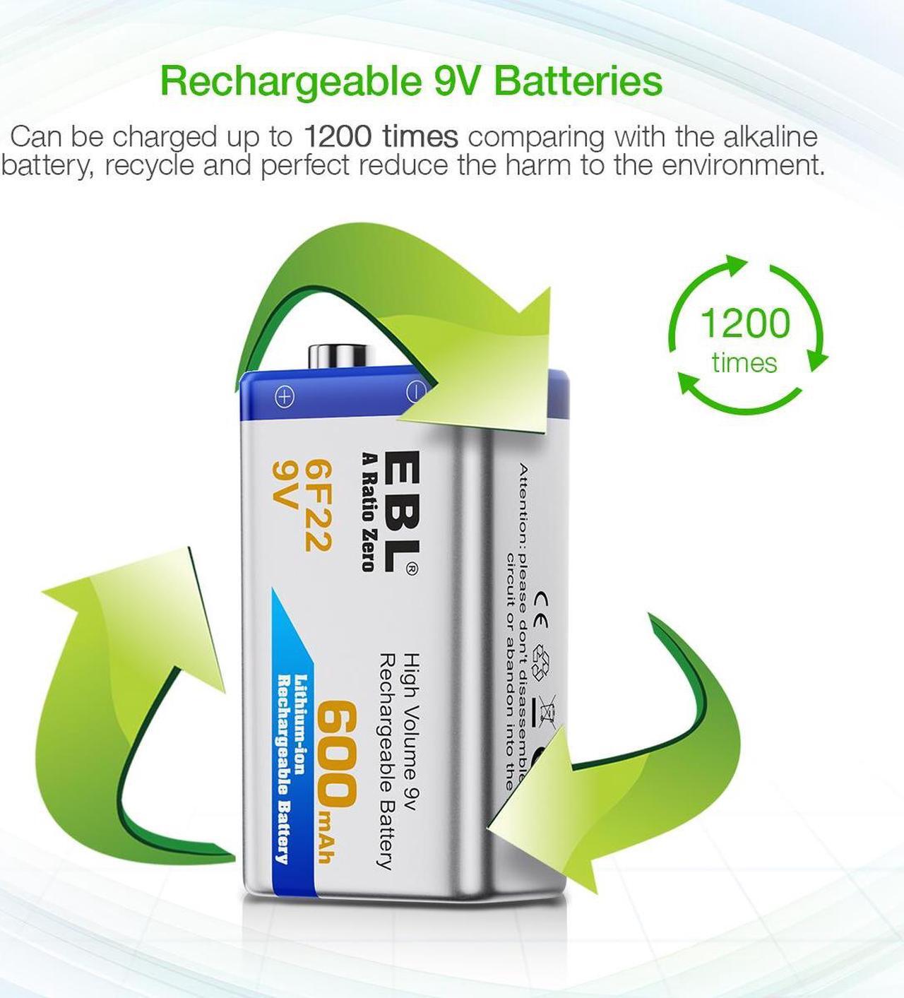 Alt view image 4 of 7 - EBL 9V Rechargeable Batteries 9 Volt Lithium ion 600mAh Li-ion Batteries 4-Pack