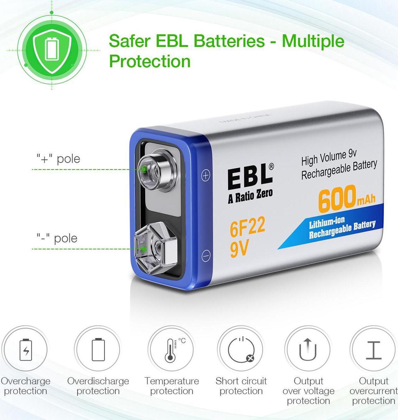 Alt view image 3 of 7 - EBL 9V Rechargeable Batteries 9 Volt Lithium ion 600mAh Li-ion Batteries 4-Pack
