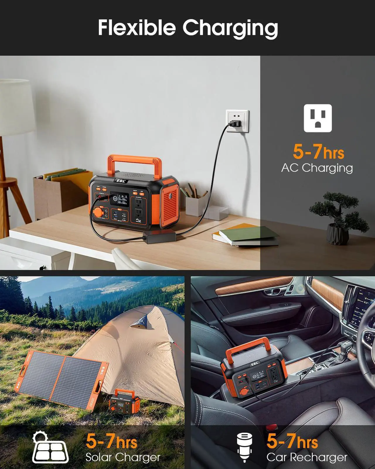 Alt view image 5 of 7 - EBL Portable Power Station 300W(Peak 600W), 269.36Wh Lithium Battery Camping Solar Generator for Outdoor and Indoor Emergency Use
