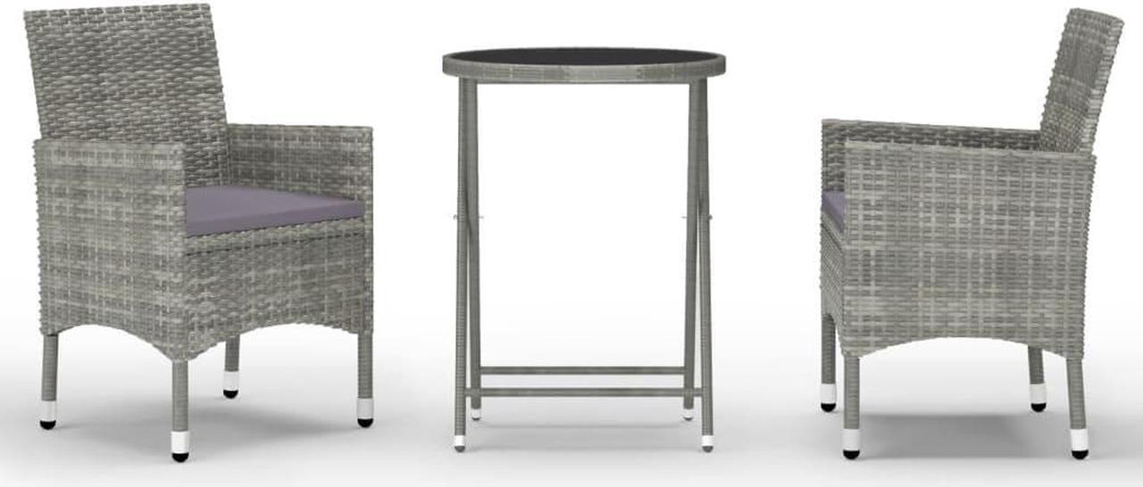 Alt view image 2 of 7 - vidaXL Patio Bistro Set Table 3 Piece Poly Rattan and Tempered Glass Gray