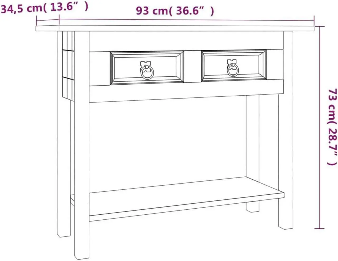 Alt view image 8 of 10 - vidaXL Console Table Mexican Pine Corona Range 35.4"x13.6"x28.7"