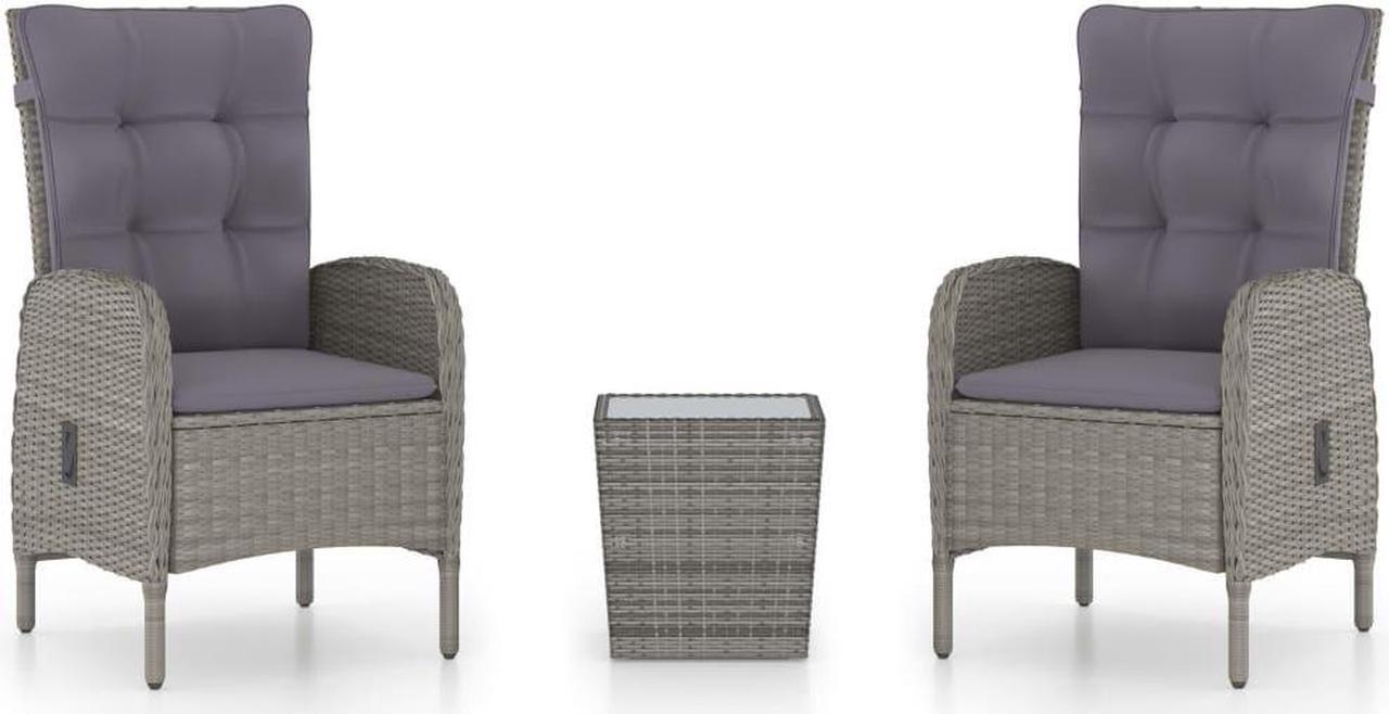 Alt view image 2 of 7 - vidaXL Patio Bistro Set 3 Piece Poly Rattan and Glass Gray Garden Furniture