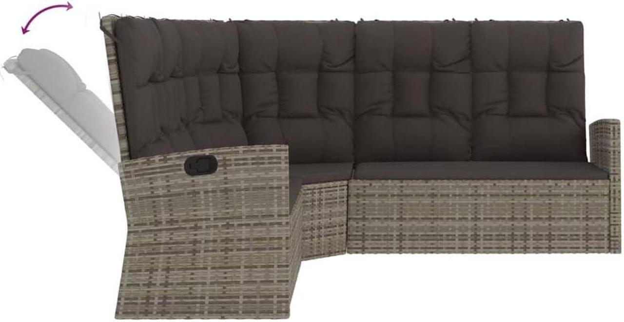 Alt view image 3 of 7 - vidaXL Patio Furniture Reclining Sectional Sofa with Cushions Gray Poly Rattan
