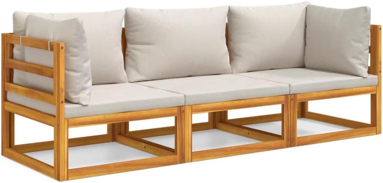 Alt view image 2 of 6 - vidaXL Patio Furniture Set 3 Piece Sofa with Light Gray Cushions Solid Wood