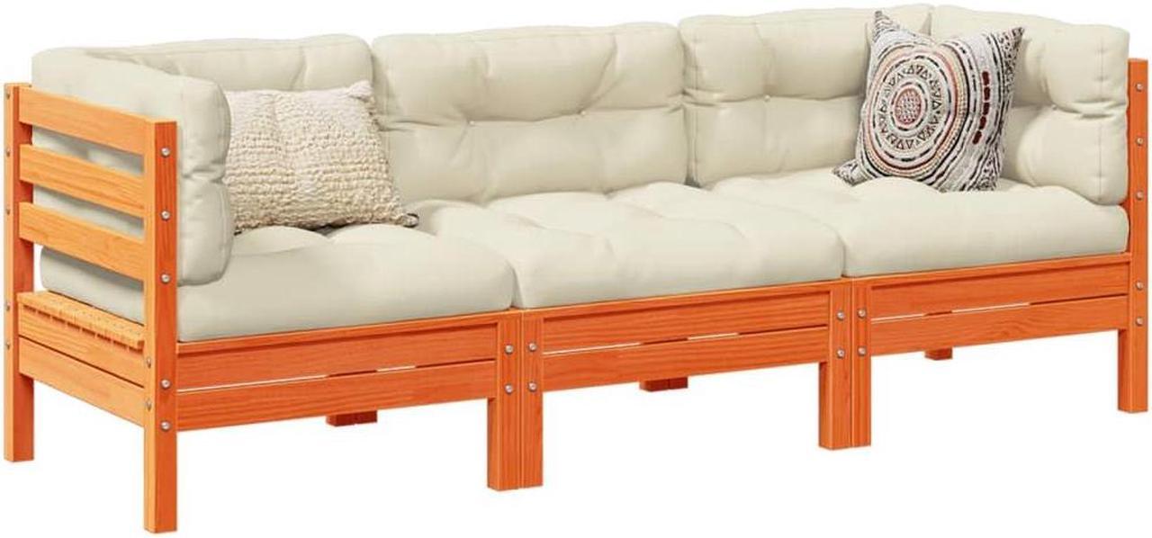 Main image of vidaXL Patio Sofa Set with Cushions Outdoor 3 Piece Wax Brown Solid Wood Pine