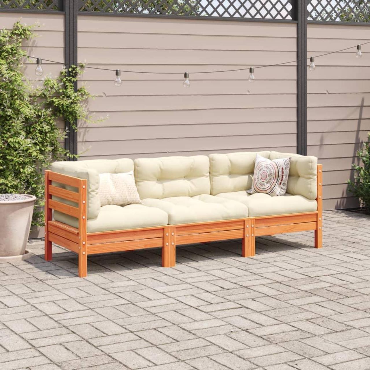 Alt view image 2 of 7 - vidaXL Patio Sofa Set with Cushions Outdoor 3 Piece Wax Brown Solid Wood Pine