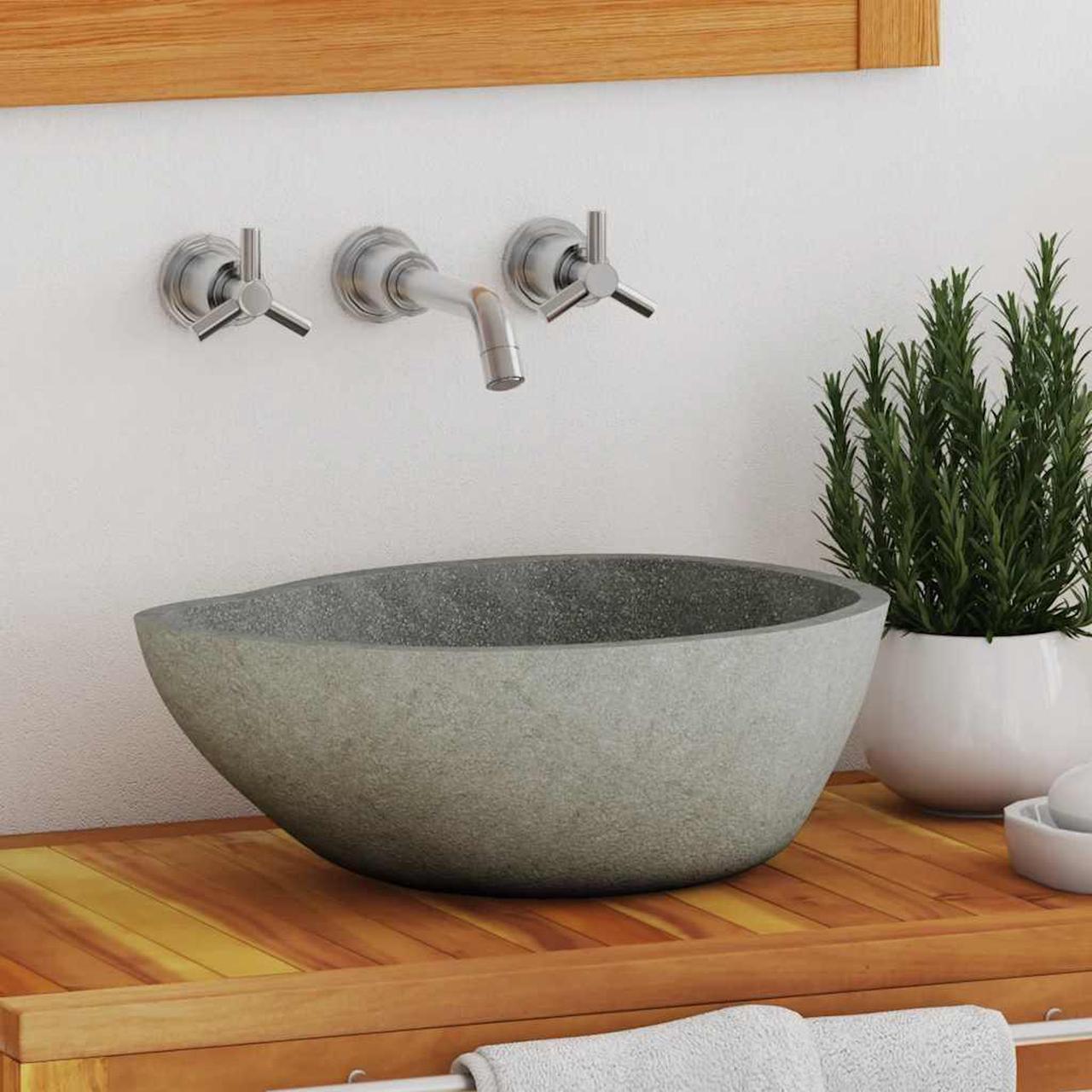 Main image of vidaXL Bathroom Basin, Vessel Sink, Countertop Vanity Sink, Naturally Varied Shape and Color Tone, Easy Assembly, (14.6"-18.1")x(11.4"-14.2")x4.5" River Stone