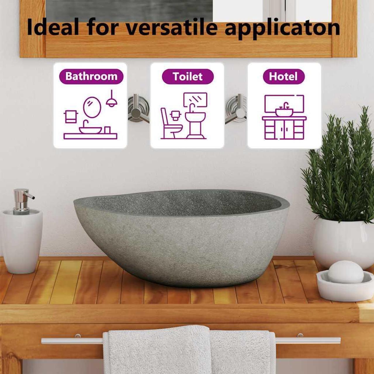 Alt view image 5 of 7 - vidaXL Bathroom Basin, Vessel Sink, Countertop Vanity Sink, Naturally Varied Shape and Color Tone, Easy Assembly, (14.6"-18.1")x(11.4"-14.2")x4.5" River Stone