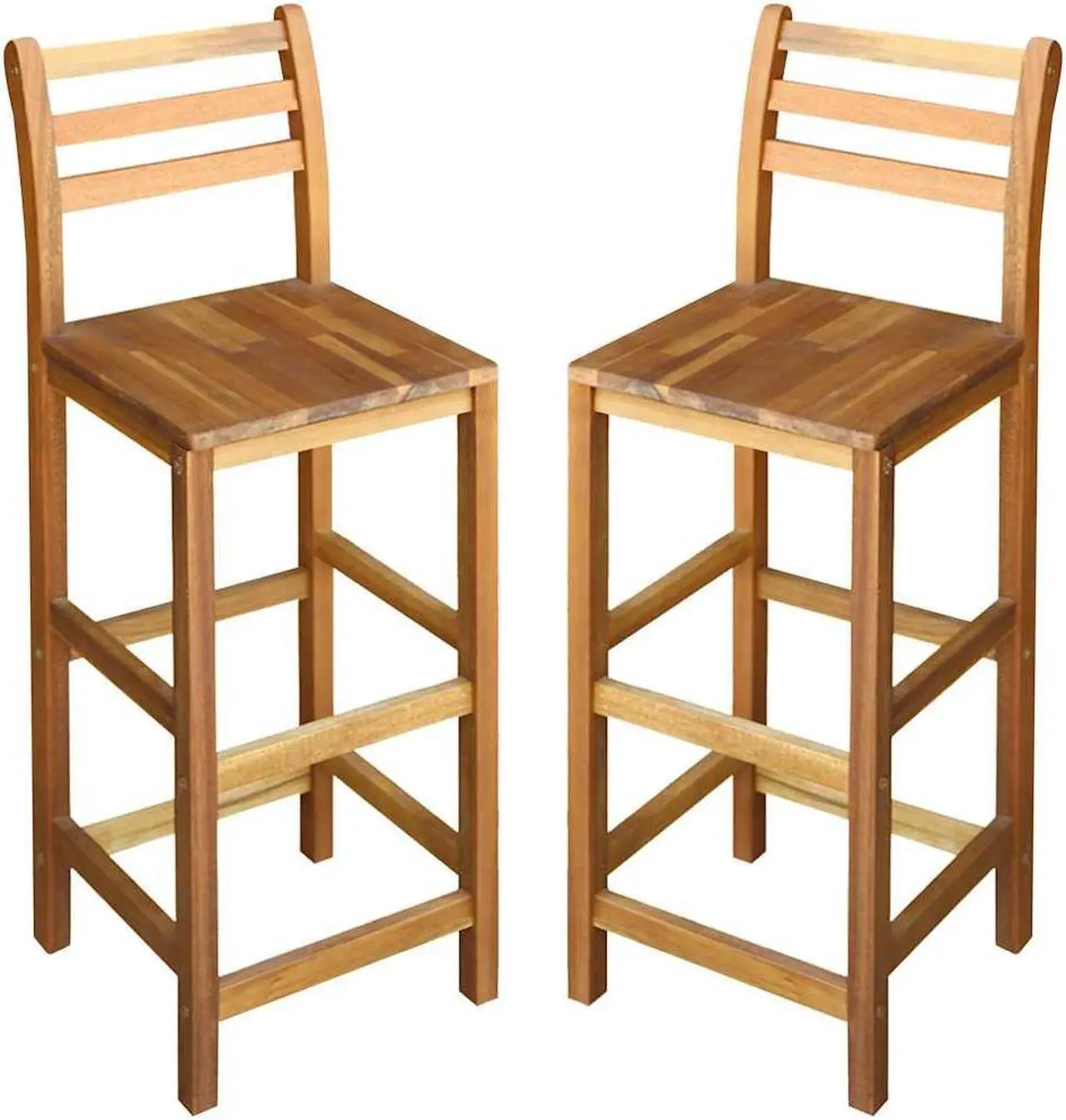 Alt view image 2 of 6 - vidaXL Wooden Bar Stools with Backrest & Footrest Set of 2, Indoor/Outdoor Chairs for Dining Garden Patio, Solid Acacia Wood 14.2" x 16.5" x 43.3"H Brown
