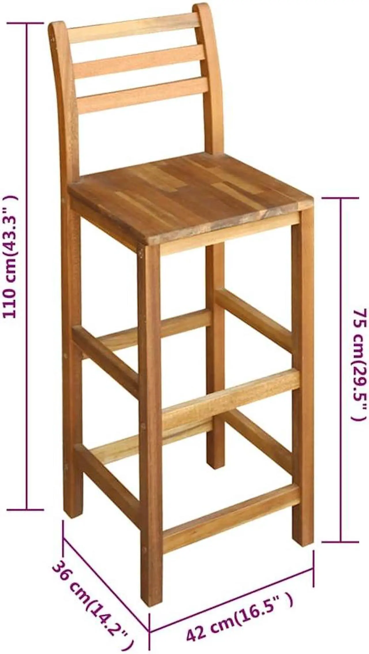 Alt view image 6 of 6 - vidaXL Wooden Bar Stools with Backrest & Footrest Set of 2, Indoor/Outdoor Chairs for Dining Garden Patio, Solid Acacia Wood 14.2" x 16.5" x 43.3"H Brown
