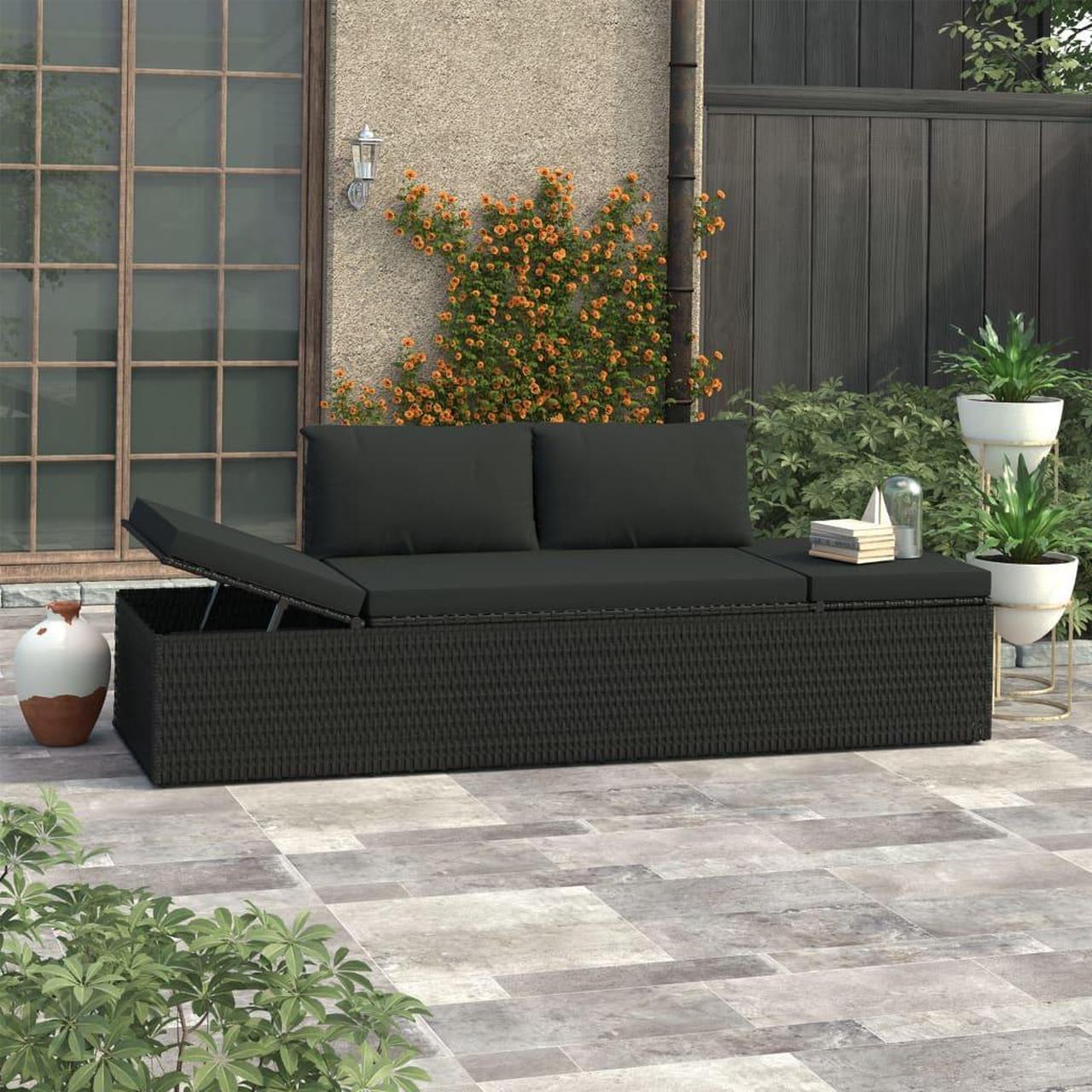 Main image of vidaXL Poly Rattan Patio Lounge Chair, Sunbed, Outdoor Sofa with Adjustable Both Ends, Included Cushions & Pillows, Washable Cushion Cover, Sturdy Steel Frame, 76.8"x23.6"x23.6" Black