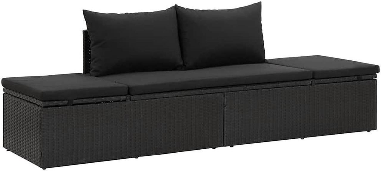 Alt view image 2 of 7 - vidaXL Poly Rattan Patio Lounge Chair, Sunbed, Outdoor Sofa with Adjustable Both Ends, Included Cushions & Pillows, Washable Cushion Cover, Sturdy Steel Frame, 76.8"x23.6"x23.6" Black