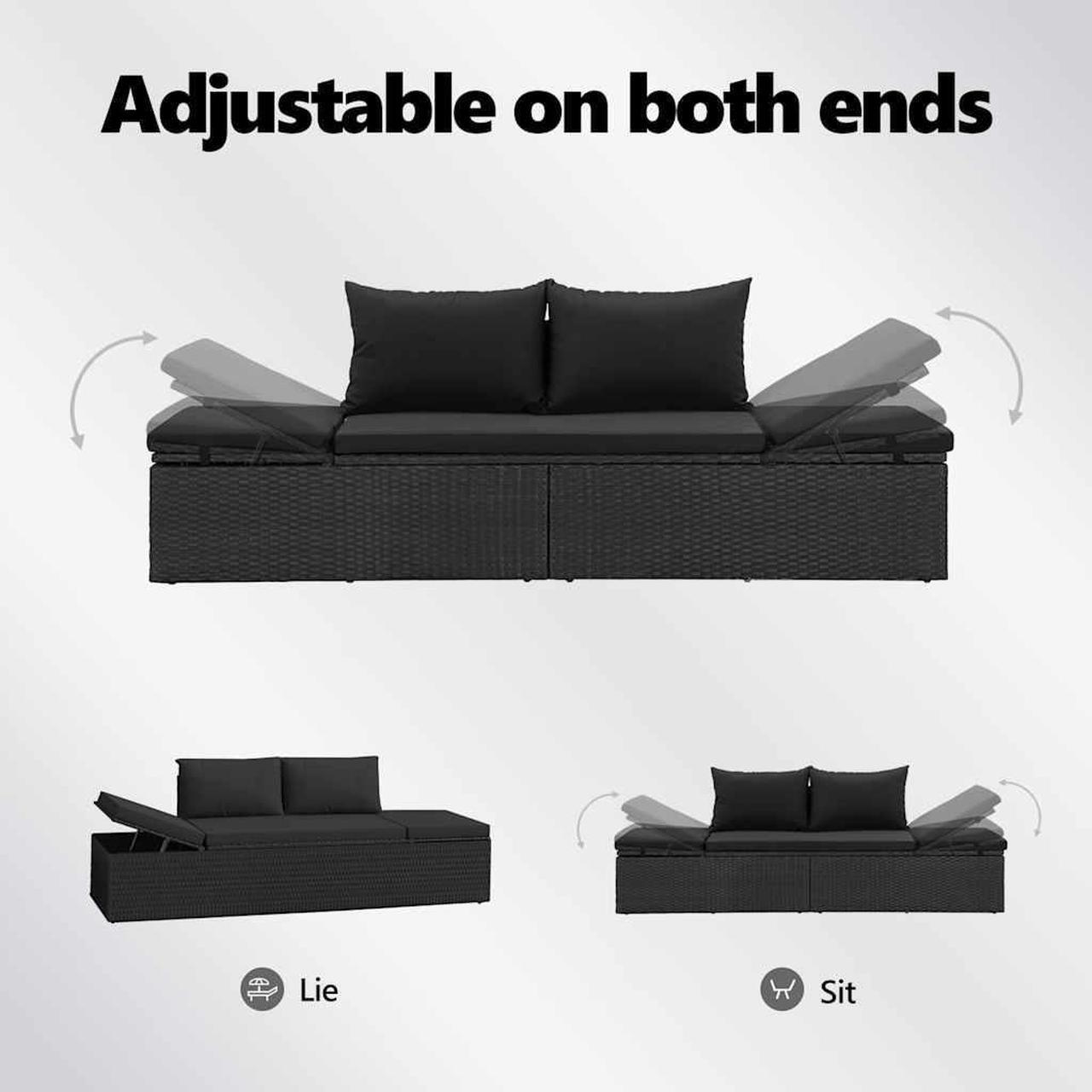 Alt view image 5 of 7 - vidaXL Poly Rattan Patio Lounge Chair, Sunbed, Outdoor Sofa with Adjustable Both Ends, Included Cushions & Pillows, Washable Cushion Cover, Sturdy Steel Frame, 76.8"x23.6"x23.6" Black