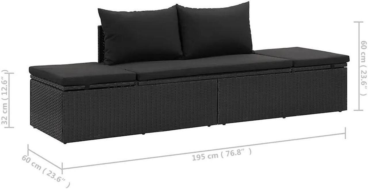 Alt view image 4 of 7 - vidaXL Poly Rattan Patio Lounge Chair, Sunbed, Outdoor Sofa with Adjustable Both Ends, Included Cushions & Pillows, Washable Cushion Cover, Sturdy Steel Frame, 76.8"x23.6"x23.6" Black