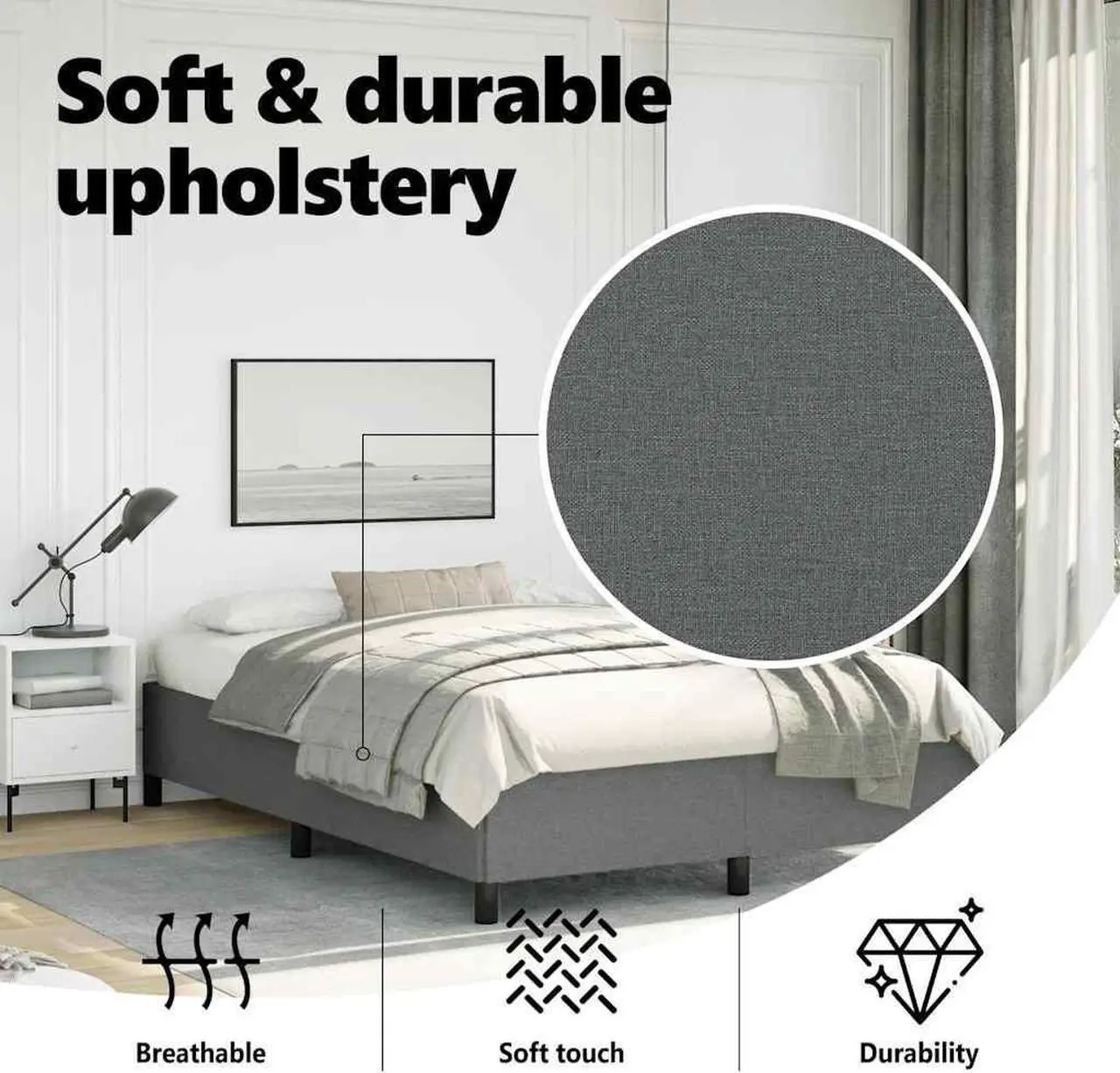 Alt view image 6 of 7 - vidaXL Full Size Bed Frame with Plywood Slats, Platform Bed Frame, Fabric Upholstered Mattress Foundation, No Box Spring Needed & Easy Assembly, Dark Gray, without Mattress