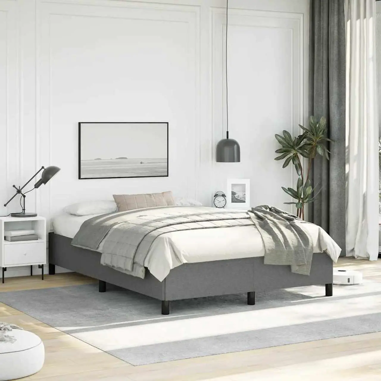 Main image of vidaXL Full Size Bed Frame with Plywood Slats, Platform Bed Frame, Fabric Upholstered Mattress Foundation, No Box Spring Needed & Easy Assembly, Dark Gray, without Mattress