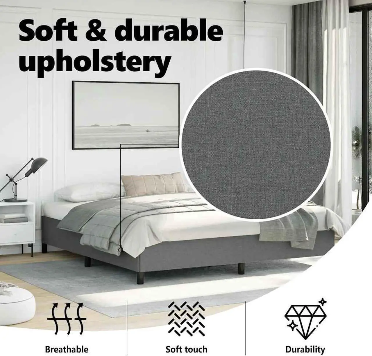 Alt view image 6 of 7 - vidaXL King Size Bed Frame with Plywood Slats, Platform Bed Frame, Fabric Upholstered Mattress Foundation, No Box Spring Needed & Easy Assembly, Dark Gray, without Mattress