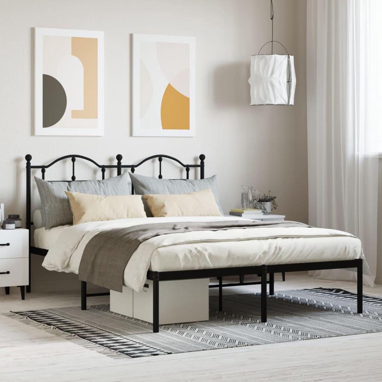 Main image of vidaXL 12 Inch Queen Metal Bed Frame with Headboard, No Box Spring Needed, Noise Free Platform Bed Frame with Steel Slats, Easy Assembly, Under Bed Storage, Minimalist, Black