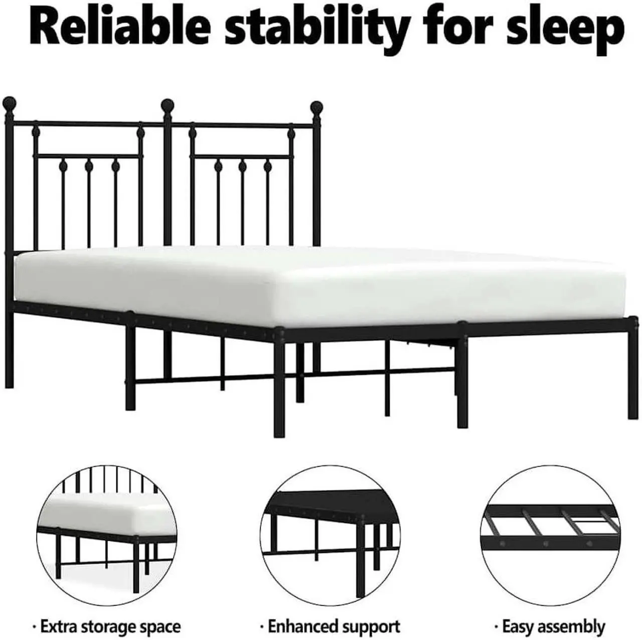 Alt view image 5 of 7 - vidaXL 12 Inch Black Queen Bed Frame with Headboard, Sturdy Metal Platform Bed Frame & Slats, Extra Under Bed Storage, No Box Spring Needed, without Mattress
