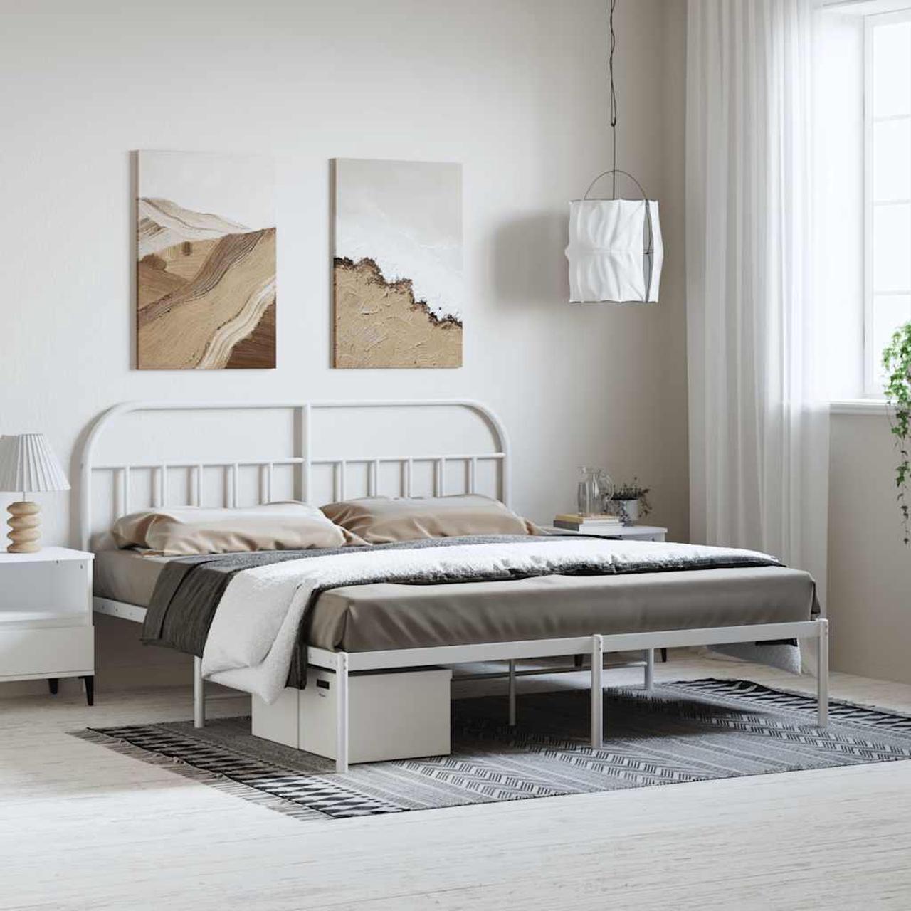 Main image of vidaXL 12 Inch White California King Bed Frame with Headboard, Sturdy Metal Platform Bed Frame & Slats, Extra Under Bed Storage, No Box Spring Needed, without Mattress
