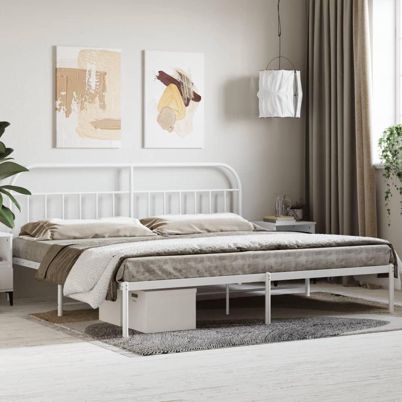 Main image of vidaXL 12 Inch White King Size Bed Frame with Headboard, Sturdy Metal Platform Bed Frame & Slats, Extra Under Bed Storage, No Box Spring Needed, without Mattress