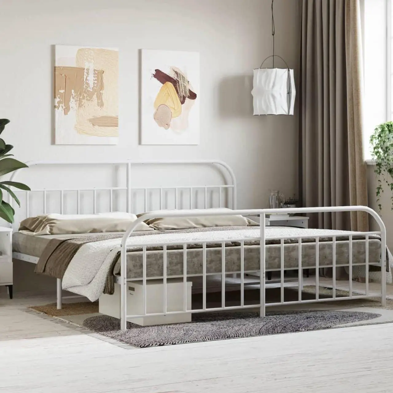 Main image of vidaXL 12 Inch White King Size Bed Frame with Headboard & Footboard, Sturdy Metal Platform Bed Frame & Slats, Extra Under Bed Storage, No Box Spring Needed, without Mattress