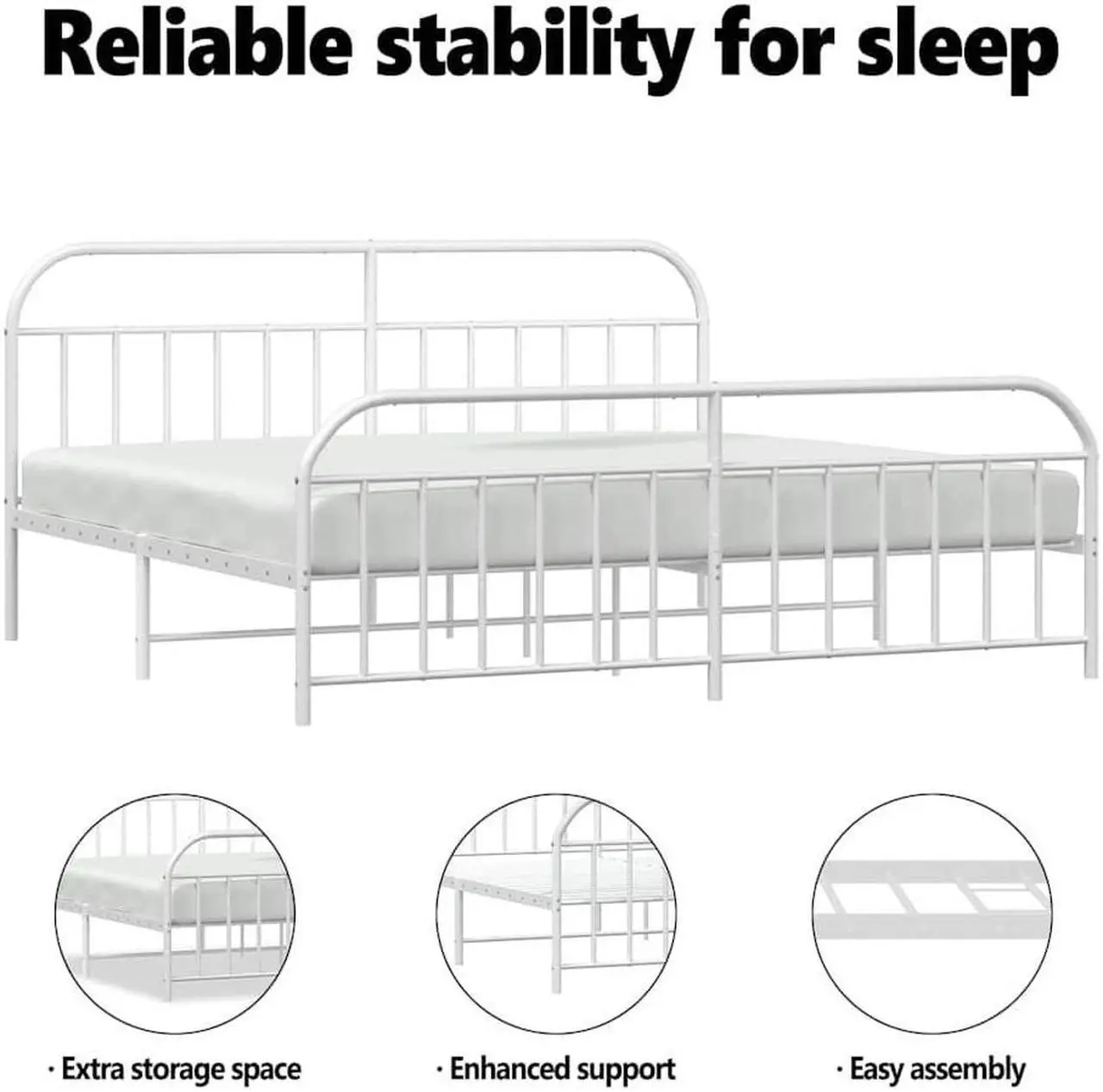 Alt view image 5 of 7 - vidaXL 12 Inch White King Size Bed Frame with Headboard & Footboard, Sturdy Metal Platform Bed Frame & Slats, Extra Under Bed Storage, No Box Spring Needed, without Mattress