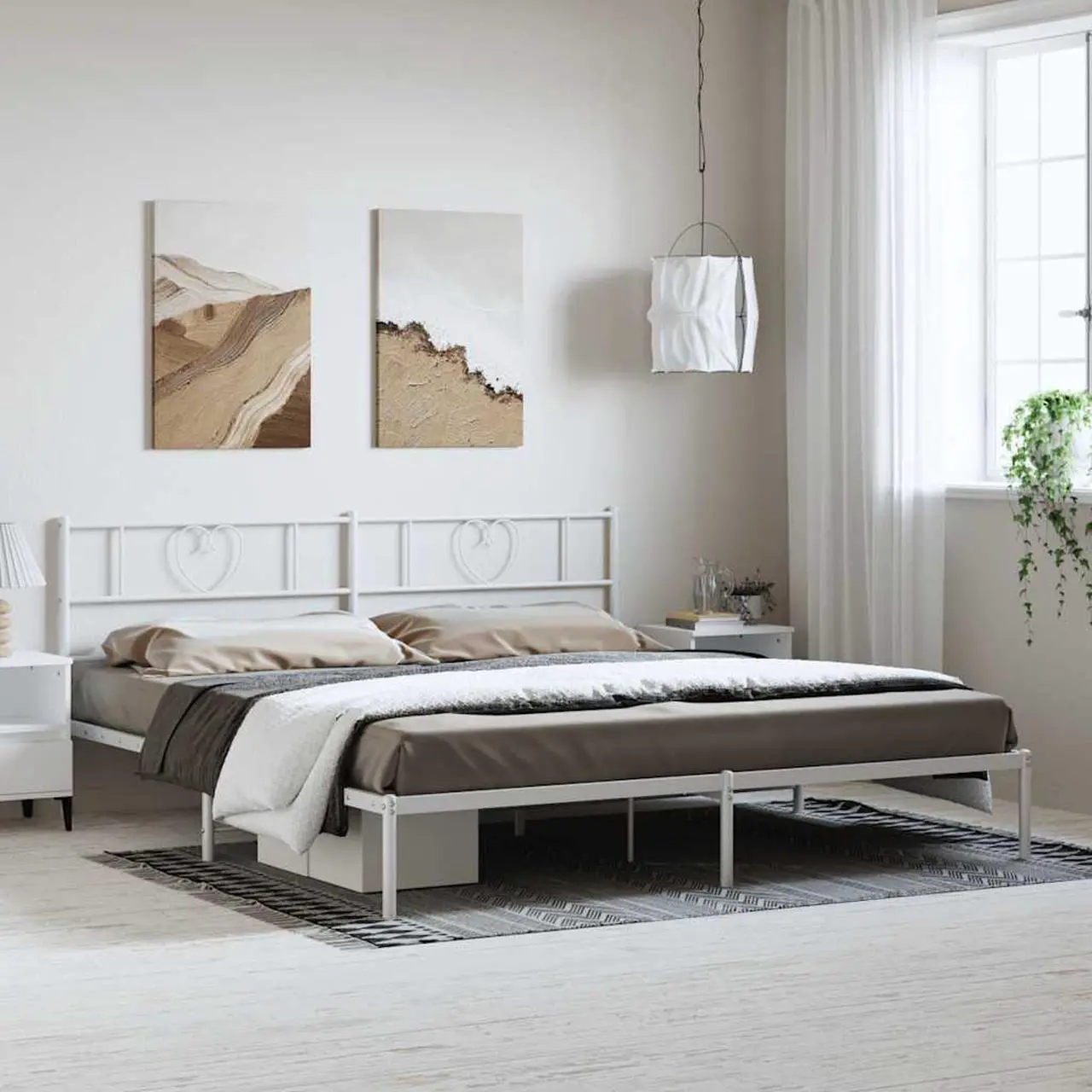 Main image of vidaXL King Metal Bed Frame with Headboard and Stable Slats, Under Bed Storage Space, Sturdy Steel Construction and Easy Assembly, Minimalist Style, White, 12'' High, without Mattress