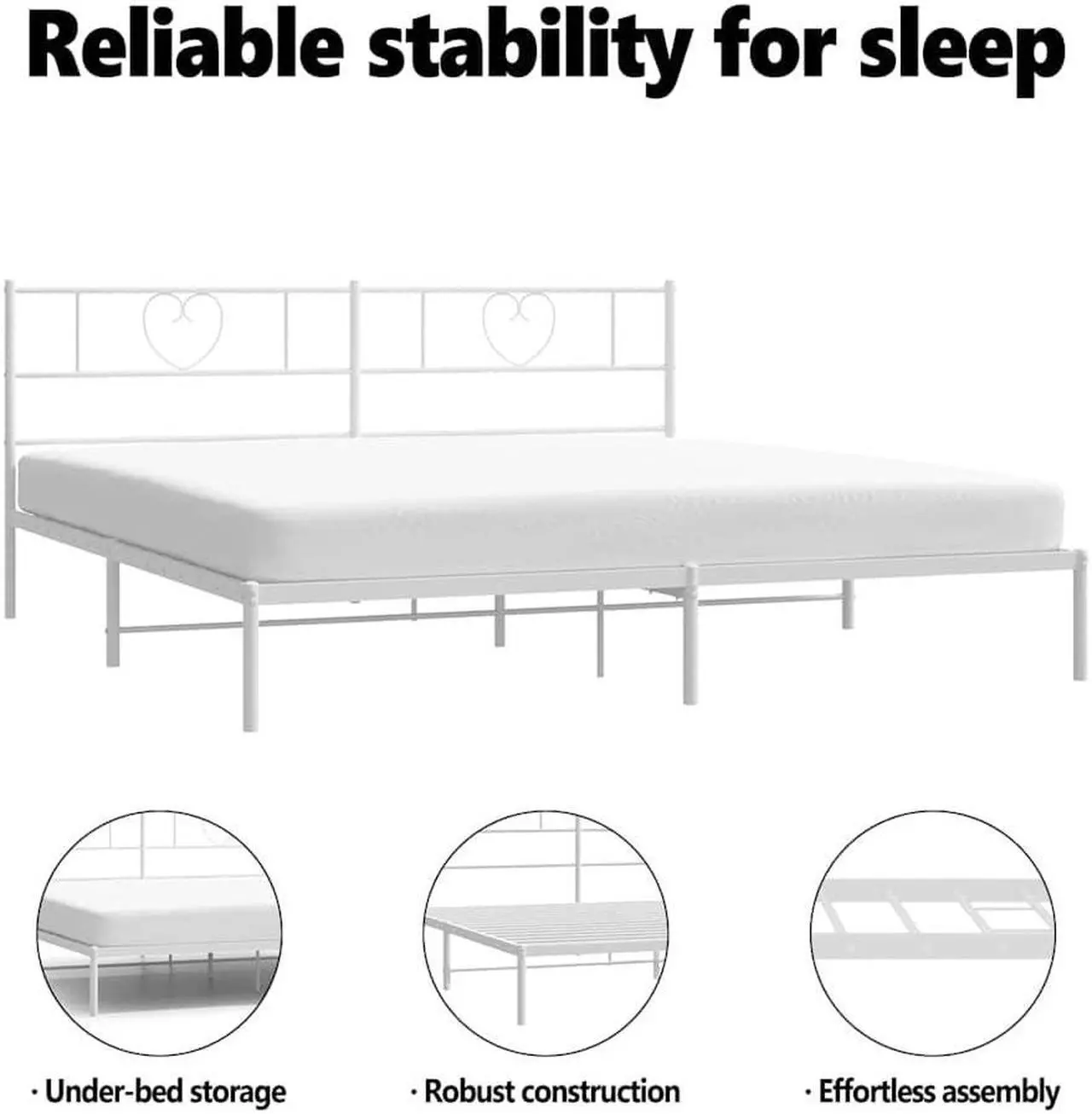Alt view image 5 of 7 - vidaXL King Metal Bed Frame with Headboard and Stable Slats, Under Bed Storage Space, Sturdy Steel Construction and Easy Assembly, Minimalist Style, White, 12'' High, without Mattress
