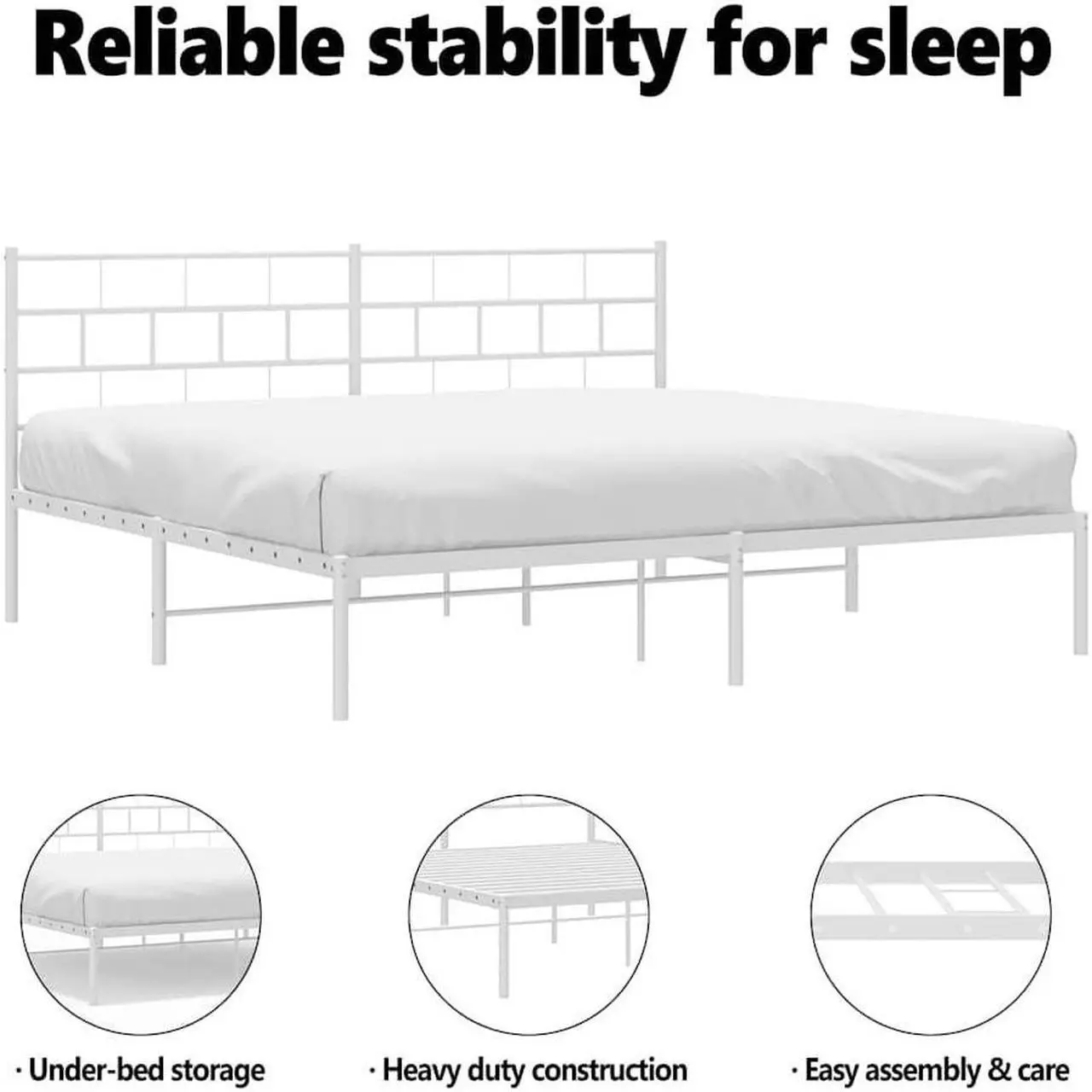 Alt view image 5 of 7 - vidaXL 12-Inch White Metal King Bed Frame with Headboard, Heavy-Duty Slats Support with Under-Bed Storage for Modern Bedroom, No Box Spring Needed & Easy Assembly, No Mattress