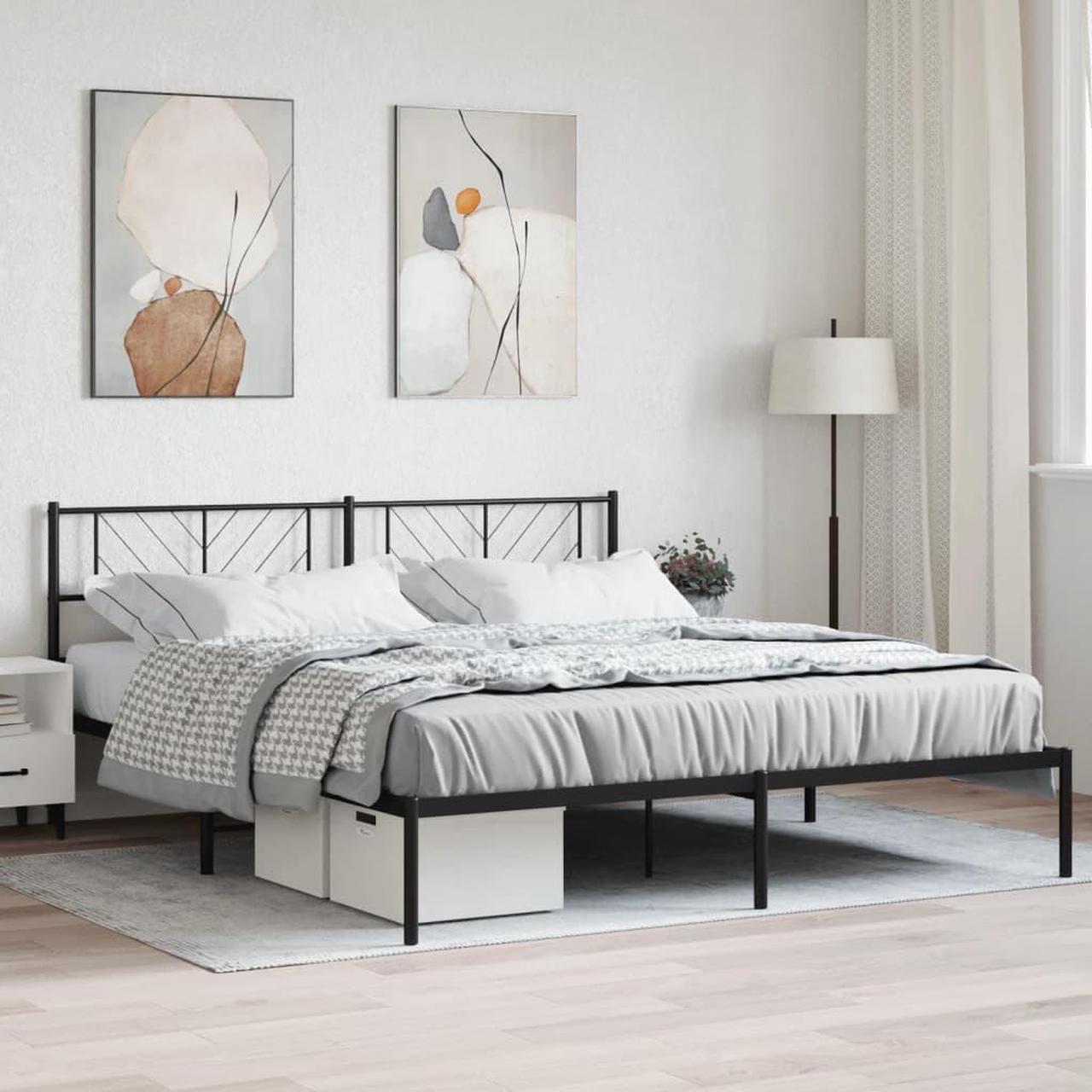 Main image of vidaXL California King Metal Bed Frame with Headboard and Stable Slats, Under Bed Storage Space, Sturdy Steel Construction and Easy Assembly, Minimalist Style, Black, 12'' High, without Mattress