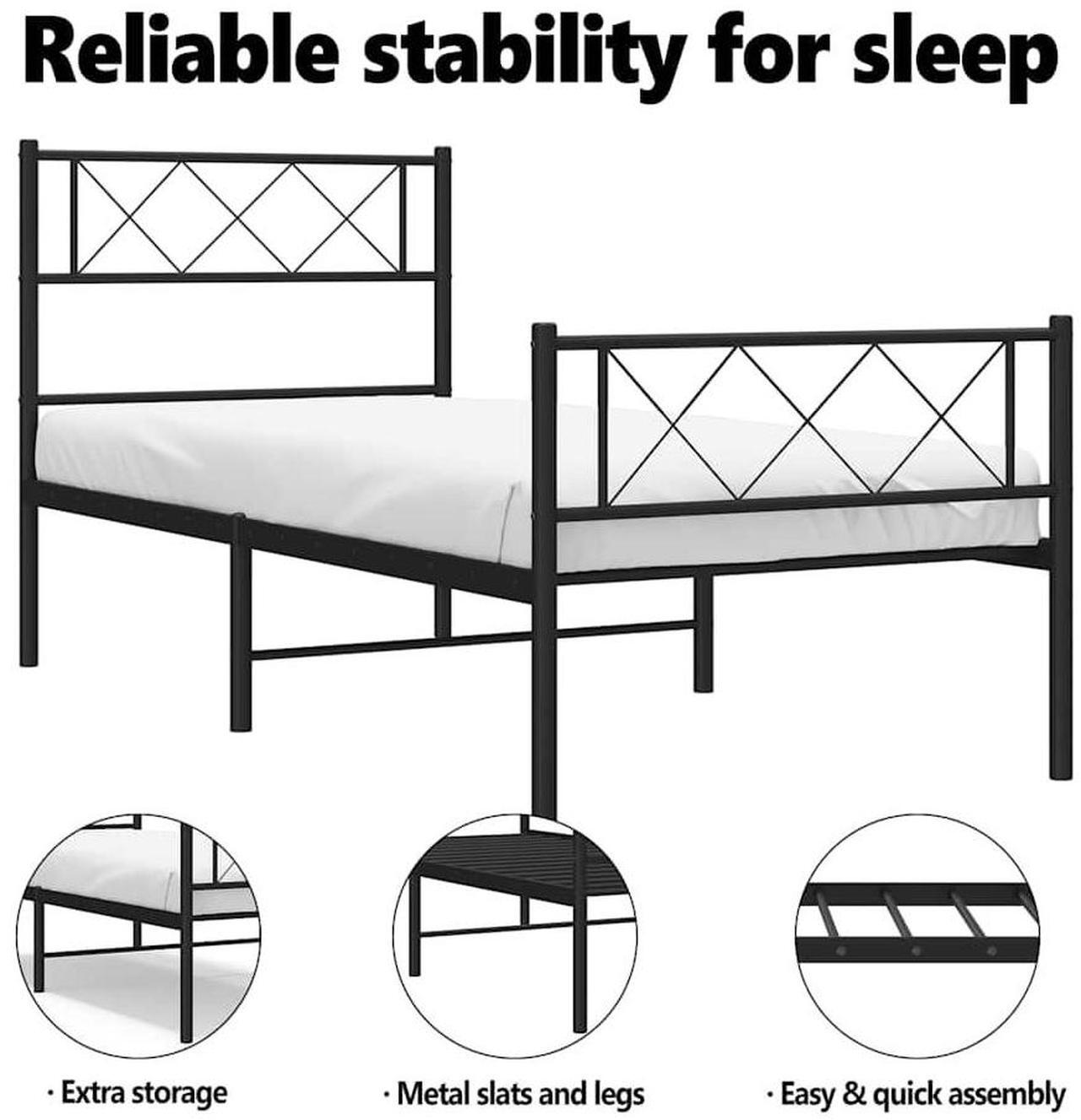 Alt view image 5 of 7 - vidaXL 12'' Metal Twin XL Bed Frames with Headboard and Footboard, Platform Bed Frame with Strong Metal Slats Support, Under Bed Storage, Noise Free, Black, without Mattress