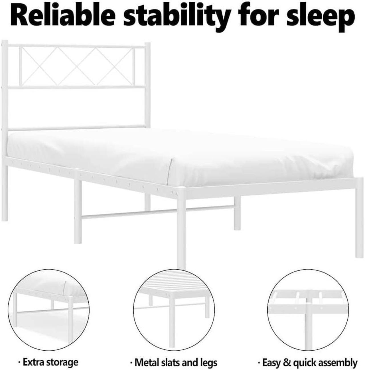 Alt view image 5 of 7 - vidaXL 12'' Metal Twin XL Bed Frames with Headboard, Platform Bed Frame with Strong Metal Slats Support, Under Bed Storage, Noise Free, White, without Mattress