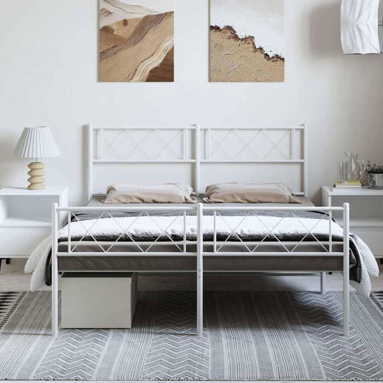Alt view image 3 of 7 - vidaXL 12'' Metal Queen Bed Frames with Headboard and Footboard, Platform Bed Frame with Strong Metal Slats Support, Under Bed Storage, Noise Free, White, without Mattress