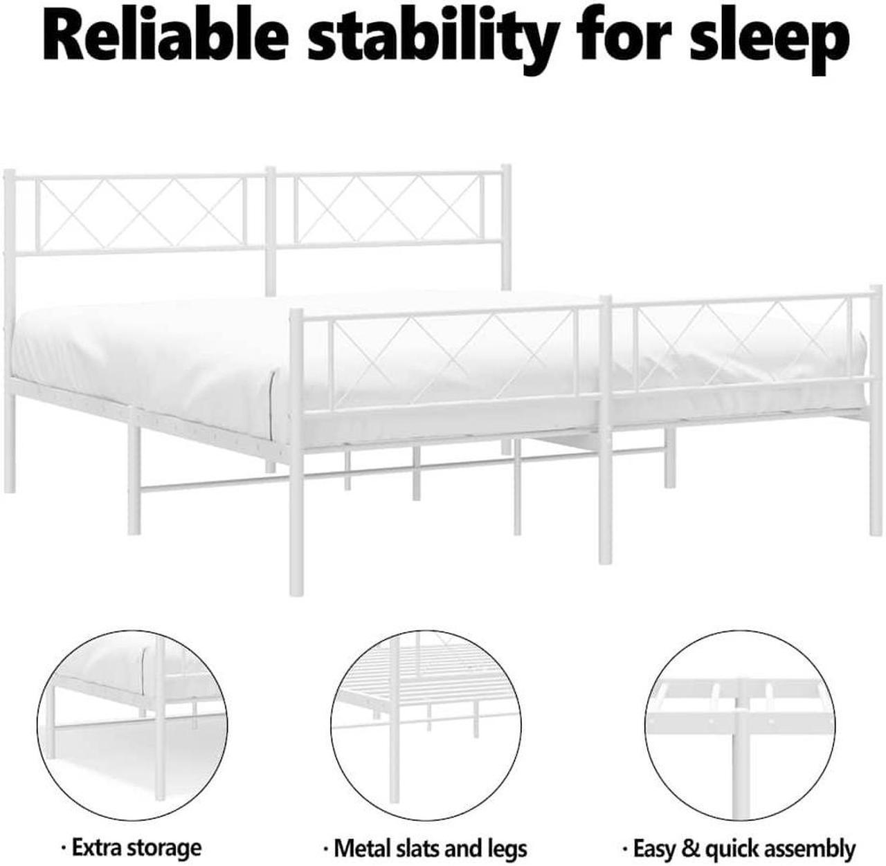 Alt view image 5 of 7 - vidaXL 12'' Metal Queen Bed Frames with Headboard and Footboard, Platform Bed Frame with Strong Metal Slats Support, Under Bed Storage, Noise Free, White, without Mattress