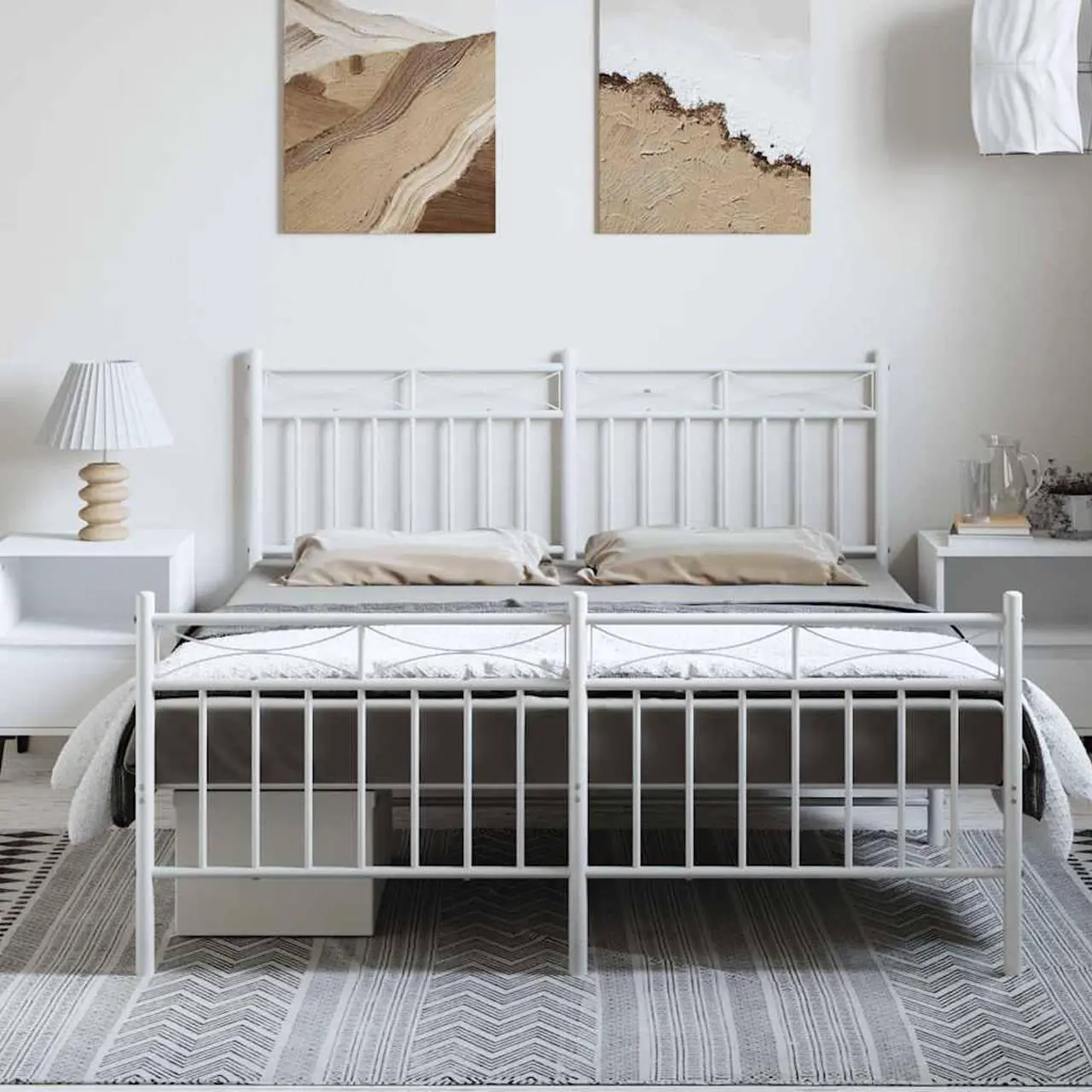 Alt view image 3 of 7 - vidaXL 11'' Metal Queen Bed Frames with Headboard and Footboard, Platform Bed Frame with Strong Metal Slats Support, Under Bed Storage, Noise Free, White, without Mattress