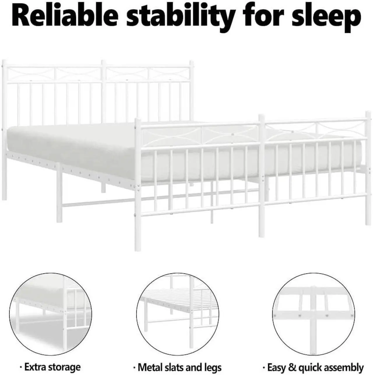 Alt view image 5 of 7 - vidaXL 11'' Metal Queen Bed Frames with Headboard and Footboard, Platform Bed Frame with Strong Metal Slats Support, Under Bed Storage, Noise Free, White, without Mattress