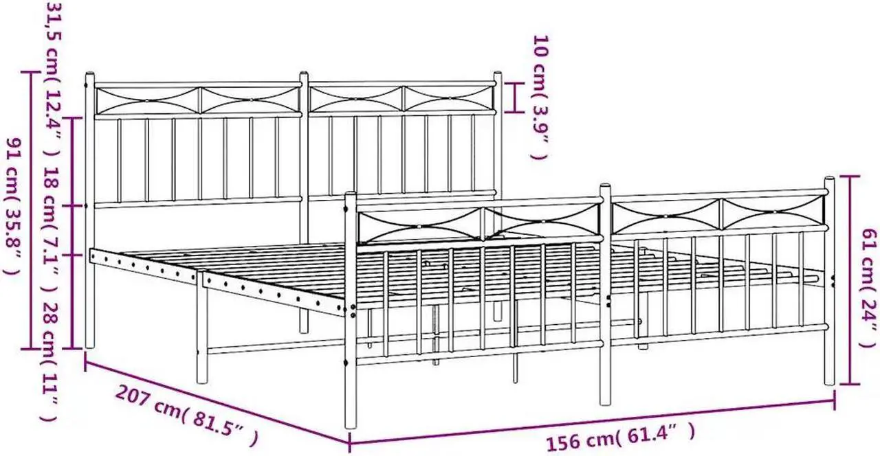 Alt view image 4 of 7 - vidaXL 11'' Metal Queen Bed Frames with Headboard and Footboard, Platform Bed Frame with Strong Metal Slats Support, Under Bed Storage, Noise Free, White, without Mattress