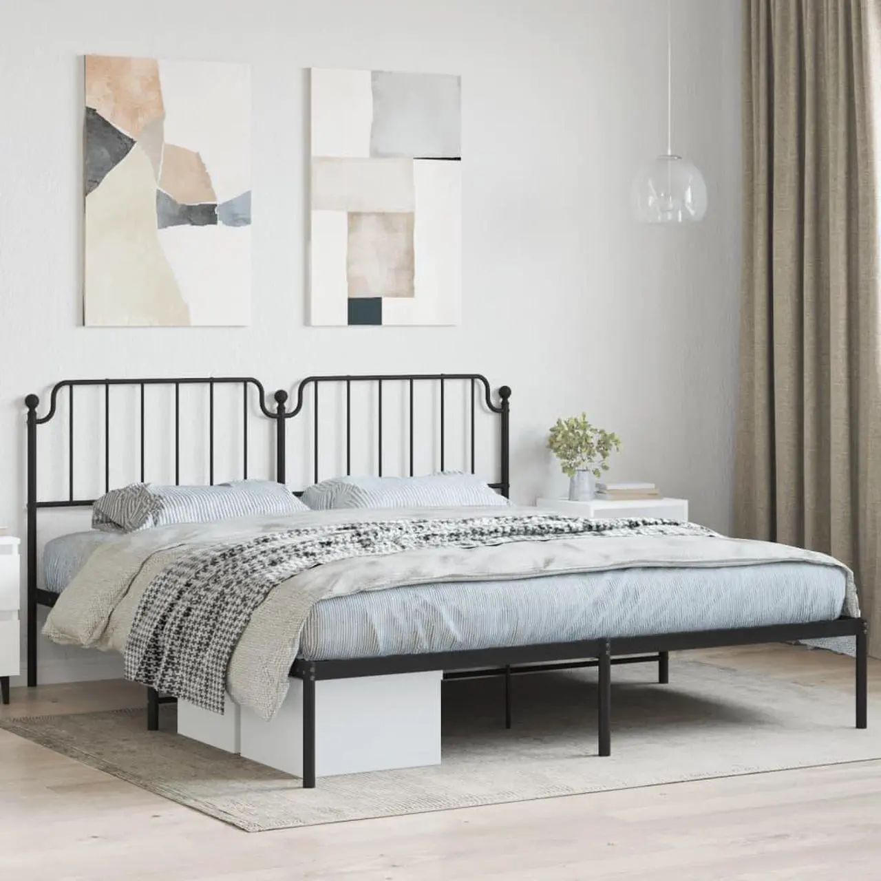 Main image of vidaXL California King Metal Bed Frame with Headboard and Stable Slats, Under Bed Storage Space, Sturdy Steel Construction and Easy Assembly, Minimalist Style, Black, 12'' High, without Mattress