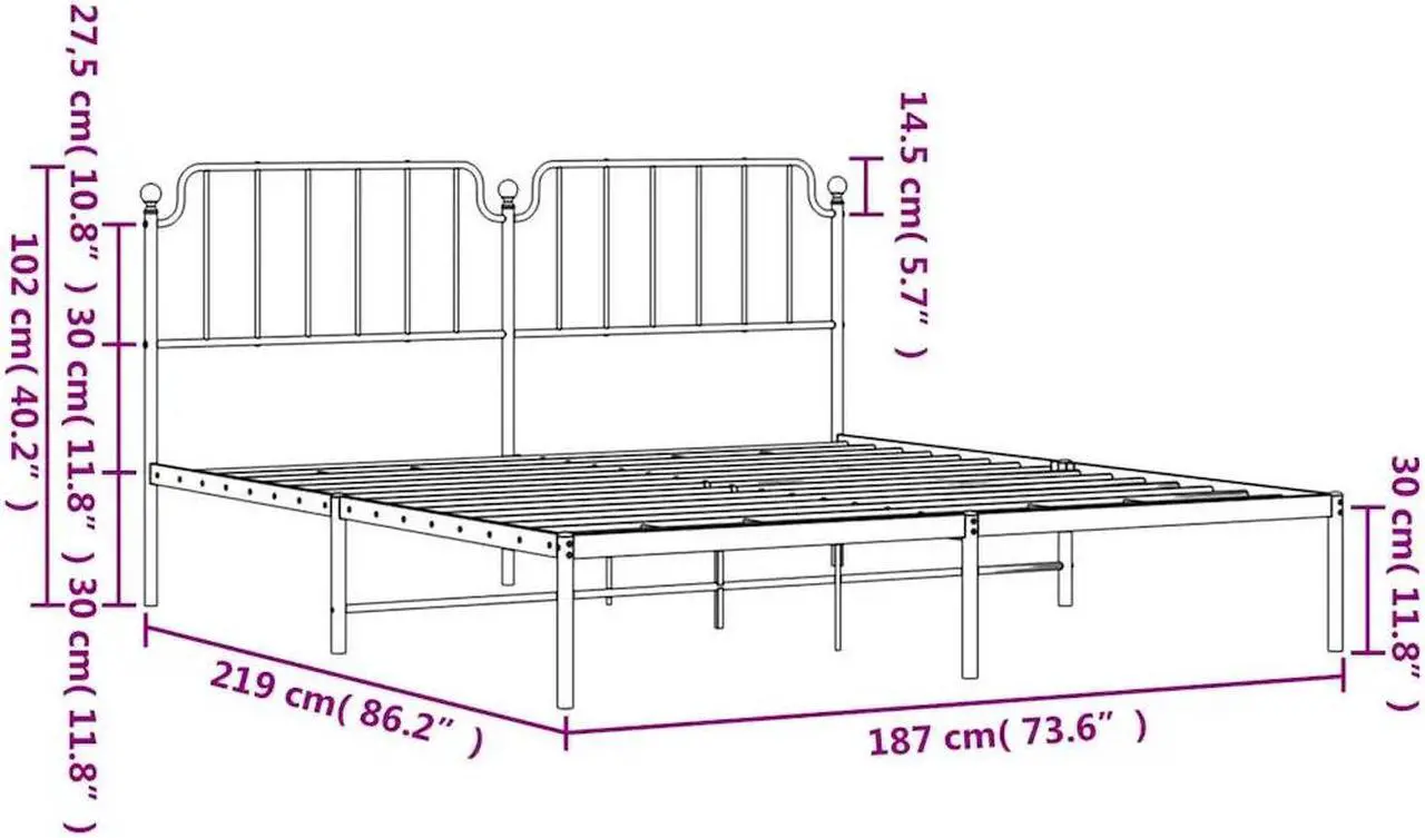 Alt view image 4 of 7 - vidaXL California King Metal Bed Frame with Headboard and Stable Slats, Under Bed Storage Space, Sturdy Steel Construction and Easy Assembly, Minimalist Style, Black, 12'' High, without Mattress
