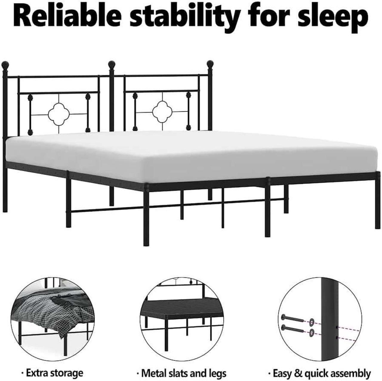 Alt view image 5 of 7 - vidaXL 12'' Metal Queen Bed Frames with Headboard, Platform Bed Frame with Strong Metal Slats Support, Under Bed Storage, Noise Free, Black, without Mattress