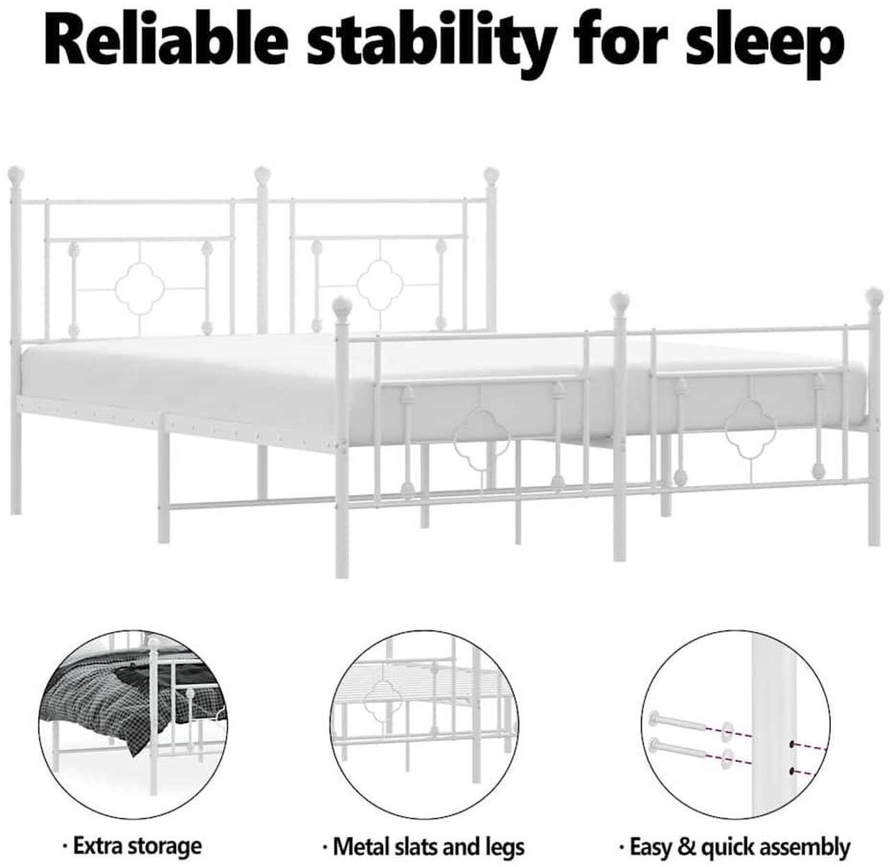 Alt view image 5 of 7 - vidaXL 10'' Metal Queen Bed Frames with Headboard and Footboard, Platform Bed Frame with Strong Metal Slats Support, Under Bed Storage, Noise Free, White, without Mattress