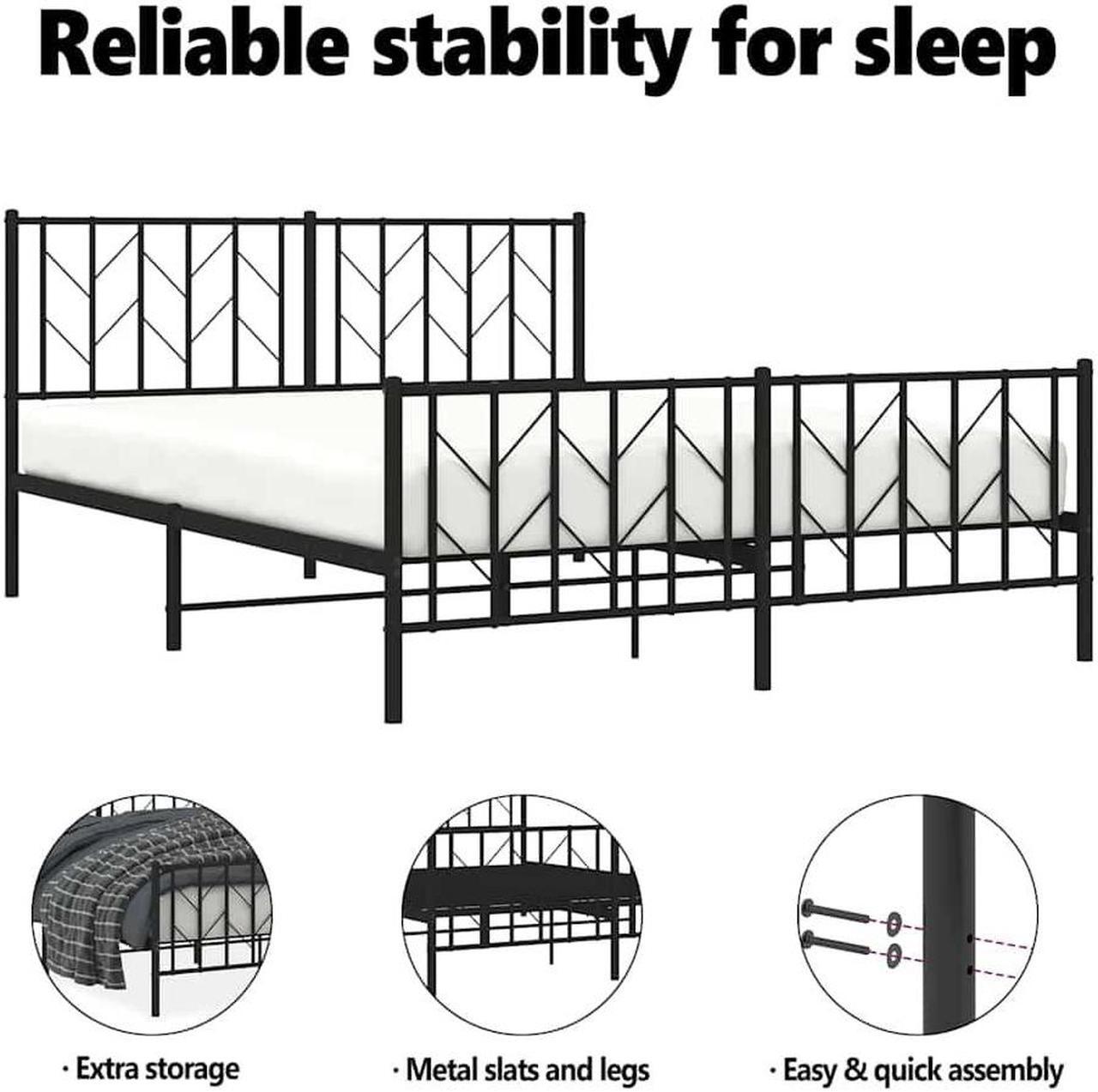 Alt view image 5 of 7 - vidaXL 12'' Metal Queen Bed Frames with Headboard and Footboard, Platform Bed Frame with Strong Metal Slats Support, Under Bed Storage, Noise Free, Black, without Mattress