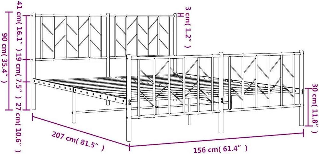 Alt view image 4 of 7 - vidaXL 12'' Metal Queen Bed Frames with Headboard and Footboard, Platform Bed Frame with Strong Metal Slats Support, Under Bed Storage, Noise Free, Black, without Mattress