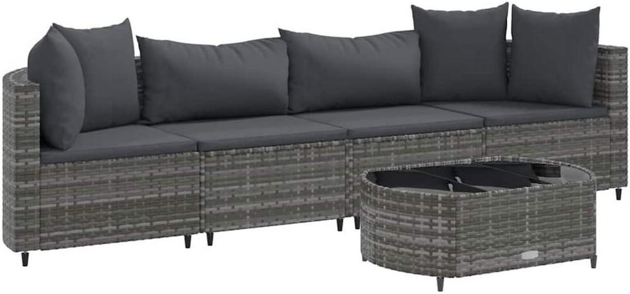 Alt view image 2 of 7 - vidaXL Patio Sofa Set with Cushions Garden Furniture 5 Piece Gray Poly Rattan