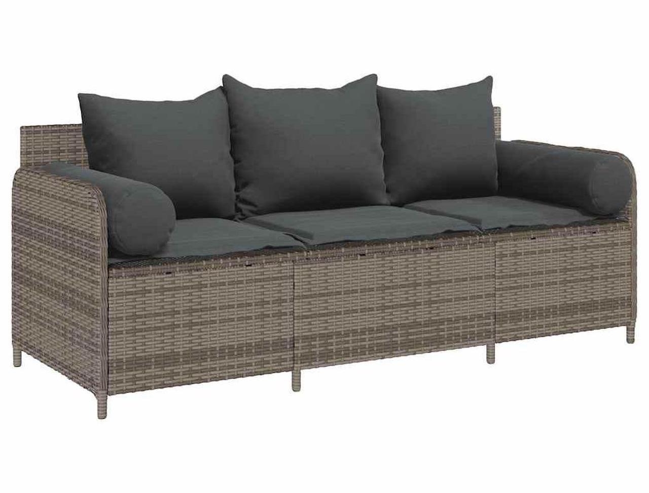 Alt view image 2 of 7 - vidaXL Patio Sofa with Cushions 3-Seater Gray Poly Rattan garden sofa