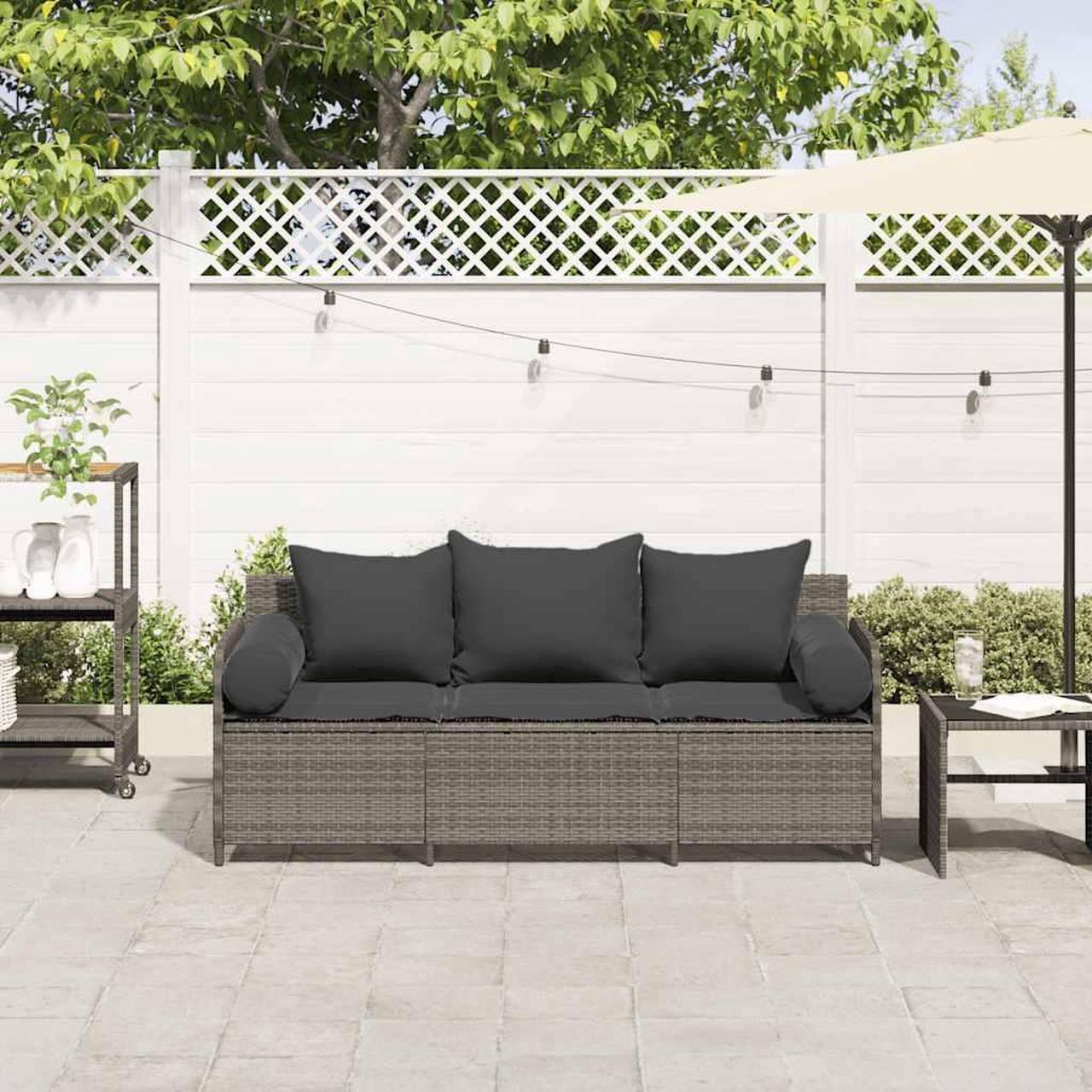 Alt view image 3 of 7 - vidaXL Patio Sofa with Cushions 3-Seater Gray Poly Rattan garden sofa