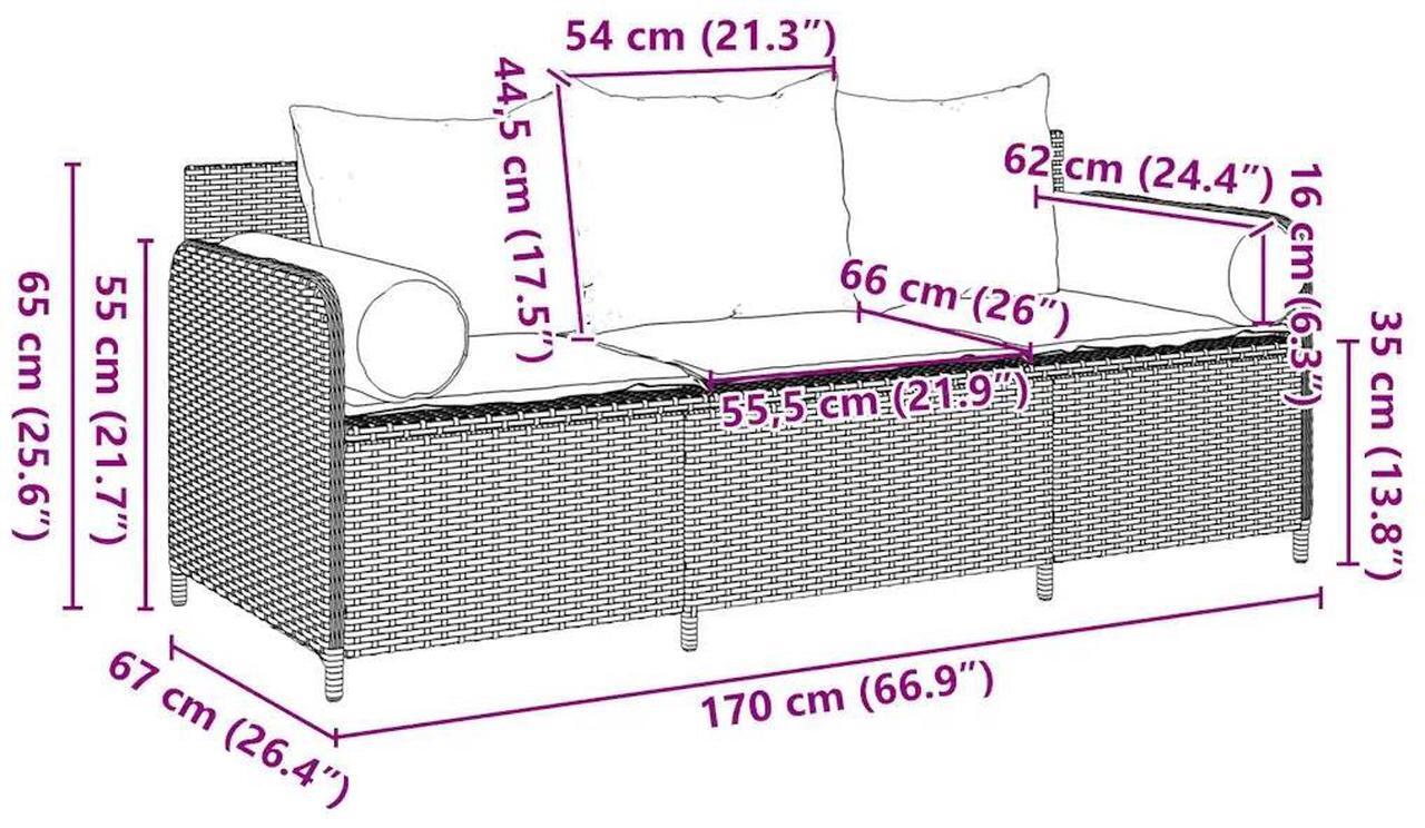 Alt view image 4 of 7 - vidaXL Patio Sofa with Cushions 3-Seater Gray Poly Rattan garden sofa