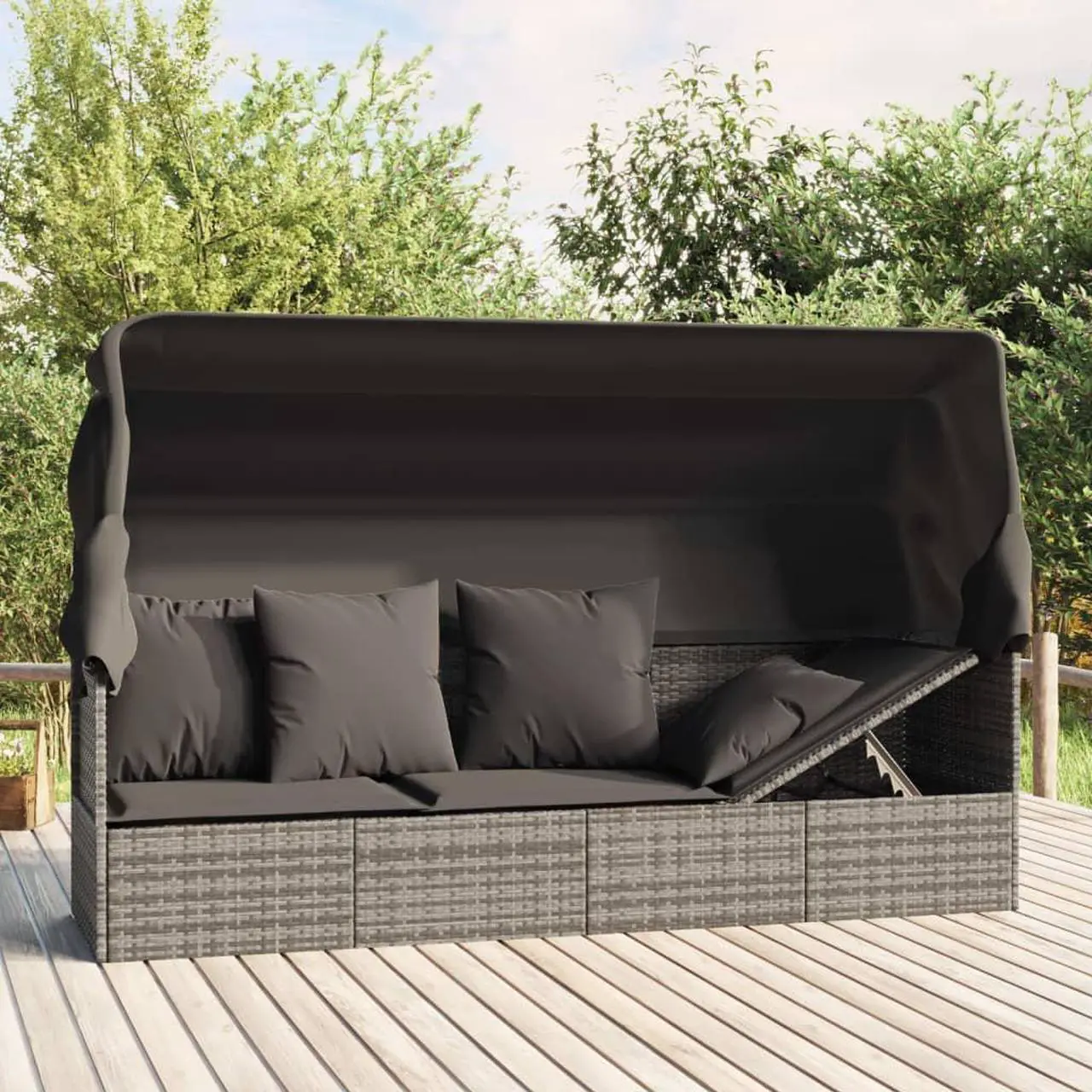 Main image of vidaXL Patio Lounge Bed with Roof and Cushions Gray Poly Rattan