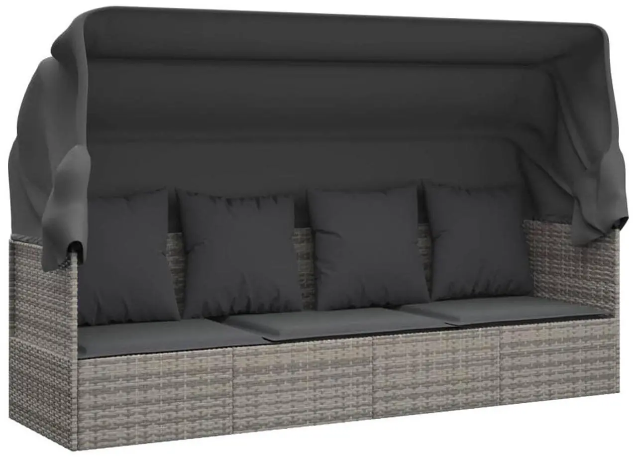 Alt view image 2 of 7 - vidaXL Patio Lounge Bed with Roof and Cushions Gray Poly Rattan